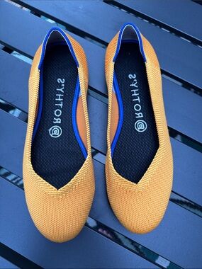 Rothy's Women's Yellow Knit Ballet Flats with Blue Trim